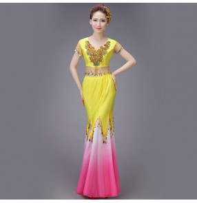 Yellow gold fuchsia hot pink v neck rhinestones gradient colored short sleeves women's ladies female folk dance performance professional mermaid  dresses outfits costumes